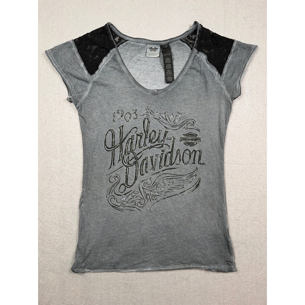 Harley-Davidson Womens Gray Lace Shoulder V-Neck Graphic T-Shirt Small
